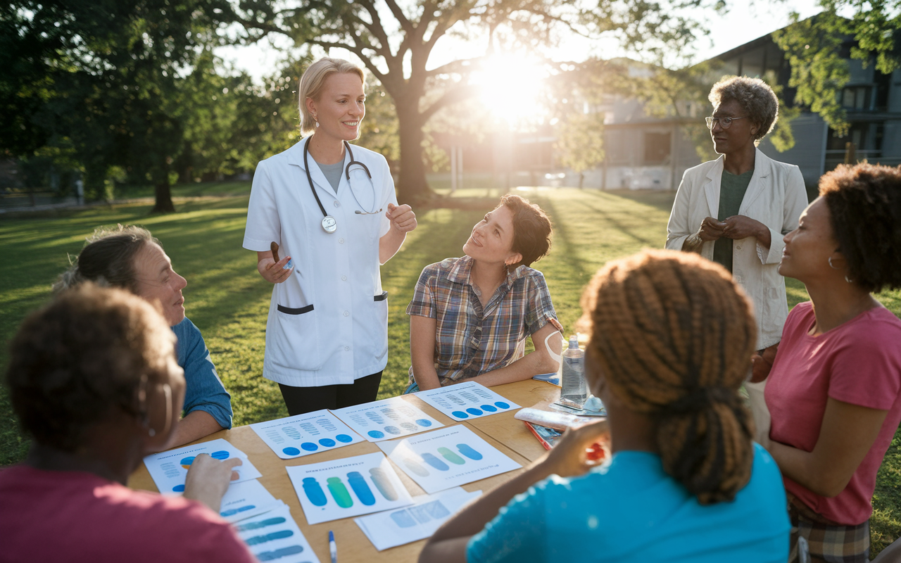 A healthcare professional leading a health education workshop in an outdoor setting, with community members listening attentively. The atmosphere is interactive and engaging, with visual aids like charts and posters on hygiene practices. The sun is setting, casting a warm golden glow, and the participants reflect cultural diversity and a sense of community.