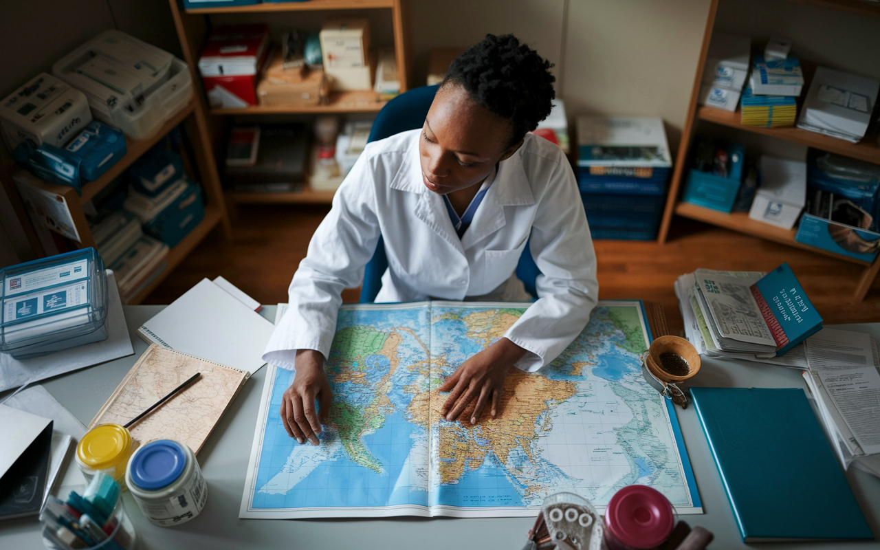 A healthcare volunteer surrounded by maps, medical books, and cultural guides at a desk, preparing for a medical mission. The room is filled with supplies like first-aid kits and educational materials. The lighting is soft, creating a studious atmosphere that highlights the importance of preparation.