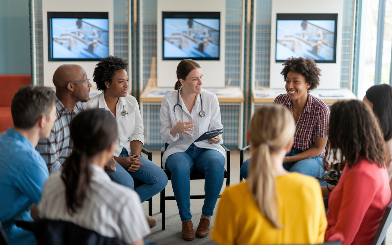 A group of international volunteers sitting in a circle for an orientation session, with a local healthcare worker presenting. The setting is informal, with visual presentations in the background and diverse participants engaged in discussion. The lighting is bright and hopeful, symbolizing new beginnings.