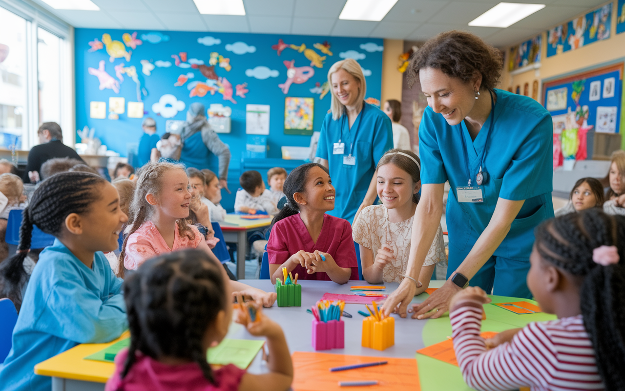 A lively community health workshop in a local school, where healthcare volunteers interact with children. The room is bright with colorful drawings on the walls, and the volunteers demonstrate healthy practices using fun, engaging methods. The atmosphere is filled with laughter and learning.