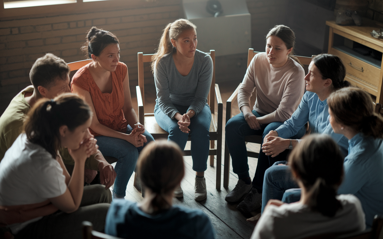 A group gathering in a circle at a debriefing session after a medical mission, sharing stories and experiences. The atmosphere is supportive, with volunteers expressing emotions and struggles. Soft lighting creates an intimate setting, emphasizing connection and understanding.