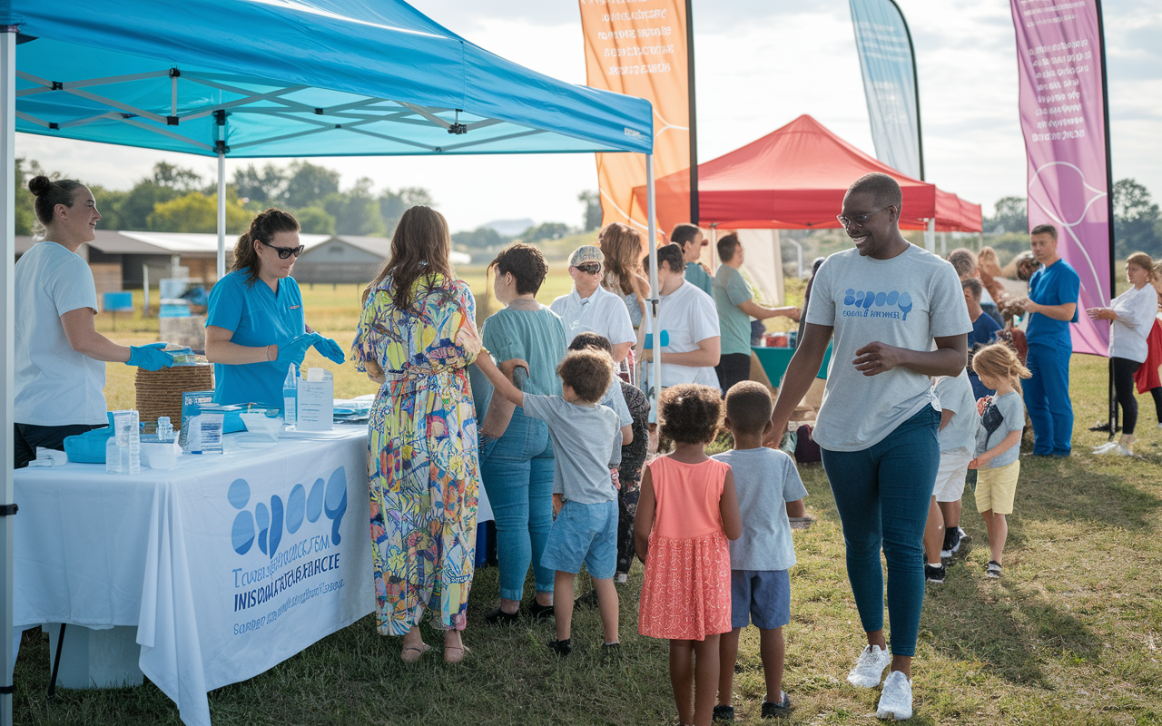 A scene depicting a medical mission team interacting with a local community during a health fair. Bright tents and informational booths are set up in an open field, colorful banners promoting health awareness fluttering in the breeze. Local families gather to receive vaccinations and health screenings, while healthcare volunteers, with smiles on their faces, engage with children. The atmosphere is lively, embracing a sense of community and empowerment in a warm, sunny environment.