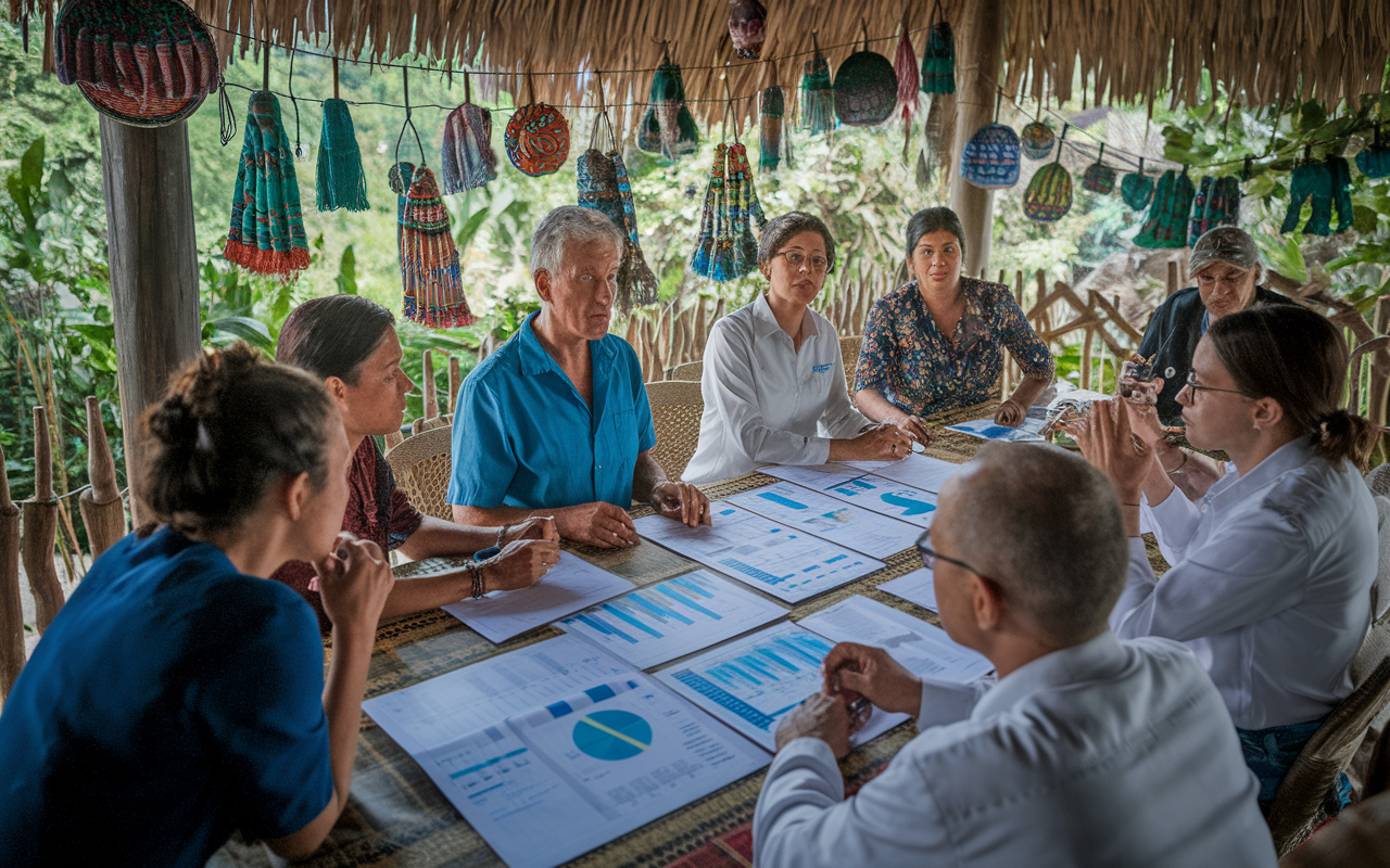 An intimate gathering in a village setting where community members are participating in a health needs assessment meeting with medical mission volunteers. The setting is decorated with local crafts and is surrounded by lush greenery. Charts and maps are laid out on a table, while community leaders express their health concerns. The atmosphere is collaborative and respectful, with an emotional tone of hope as both healthcare providers and community members work together for better health solutions.