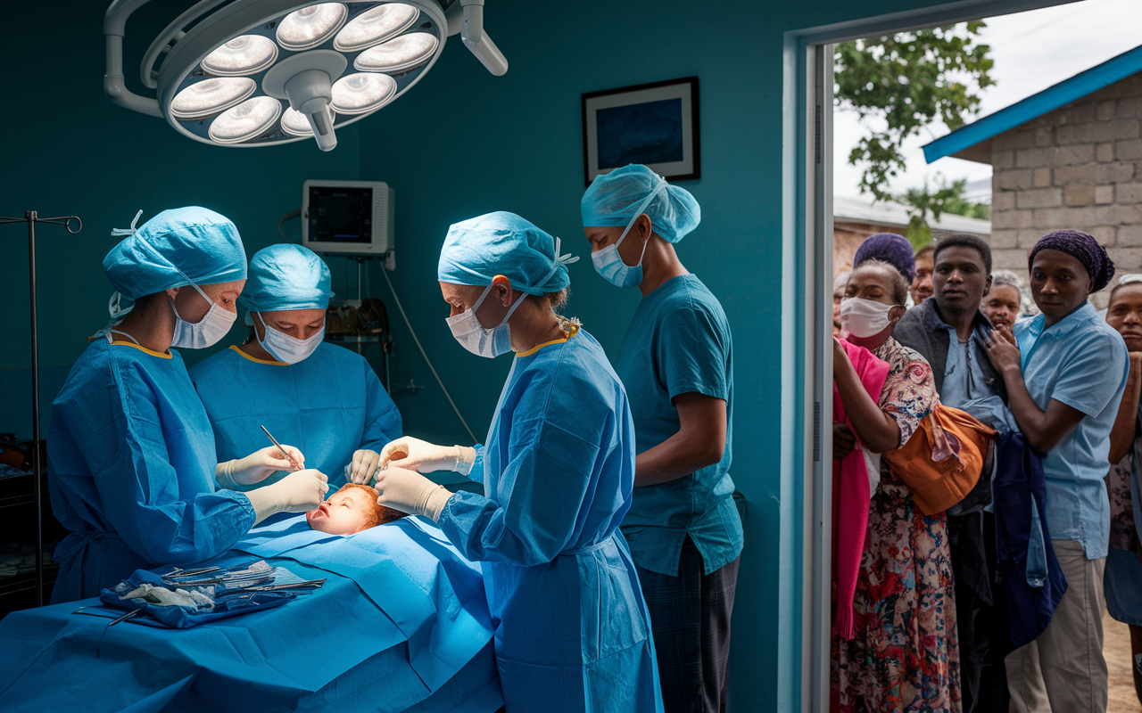 A heartwarming scene illustrating a volunteer from Operation Smile performing a cleft palate surgery alongside local healthcare professionals. The operating room is well-lit and equipped, with a diverse, focused surgical team working together. The atmosphere is serious yet filled with hope, reflecting the dedication to improving children's lives. Outside, community members anxiously await news, showcasing the supportive network surrounding the mission.