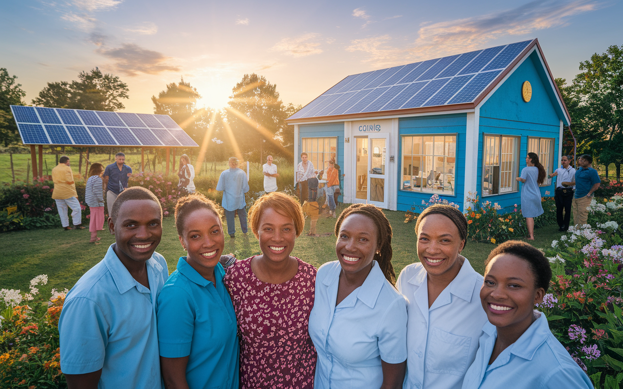 An inspirational scene showing a group of local healthcare workers, smiling proudly while standing in front of a fully operational local clinic that is bright and inviting. The clinic features solar panels and a vibrant garden surrounding it, symbolizing sustainability. The sun sets in the background, casting a golden hue over the scene, signifying hope and the bright future of healthcare in the community. Friends and families are seen outside, reflecting the positive impact on the local population.