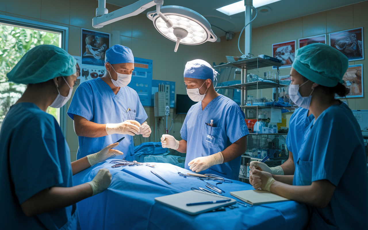 A serene operating room scene in a rural Southeast Asian hospital where orthopedic surgeons from abroad are teaching local healthcare providers how to perform joint replacement surgeries. A mix of medical instruments and local posters on the walls illustrate a blend of cultures. The atmosphere is focused yet relaxed, with surgeons wearing scrubs and masks, while local staff attentively observe and take notes with expressions of determination and eagerness to learn. Soft, natural light filters in from nearby windows, creating an inspiring setting for knowledge exchange.