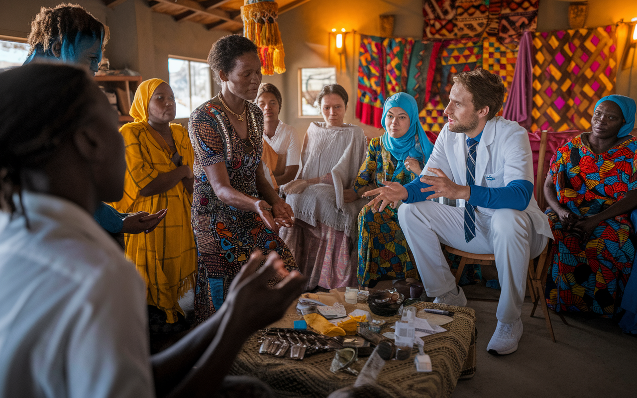 A collaborative clinic in Sub-Saharan Africa where local healers and healthcare professionals from abroad are engaged in a discussion. One healer is demonstrating traditional healing practices while a doctor explains modern medical techniques. Vibrant cultural decorations fill the room, and community members watch with interest, illustrating a blending of ancient and contemporary health practices. Warm, ambient lighting casts a welcoming glow across the scene, highlighting the mutual respect and collaboration between different healing worlds.