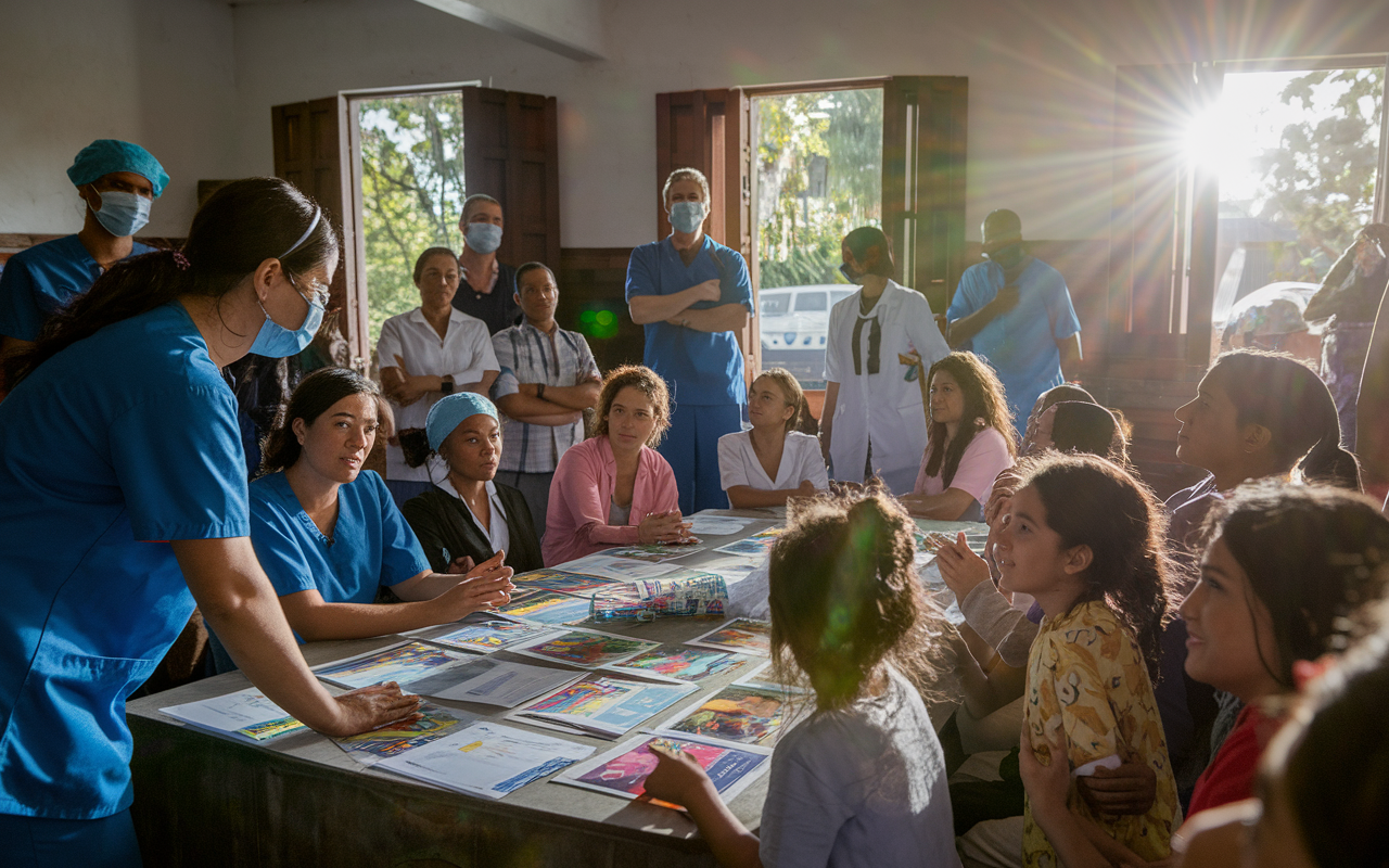 A heartwarming scene in a Honduran community where local nurse practitioners collaborate with U.S. medical volunteers. They are engaged in an education workshop with families, surrounded by colorful materials on preventive health. The room is lively, filled with children and parents listening attentively, showcasing the essence of community learning and empowerment. Warm sunlight pours in through open windows, enhancing the sense of hope and transformation.