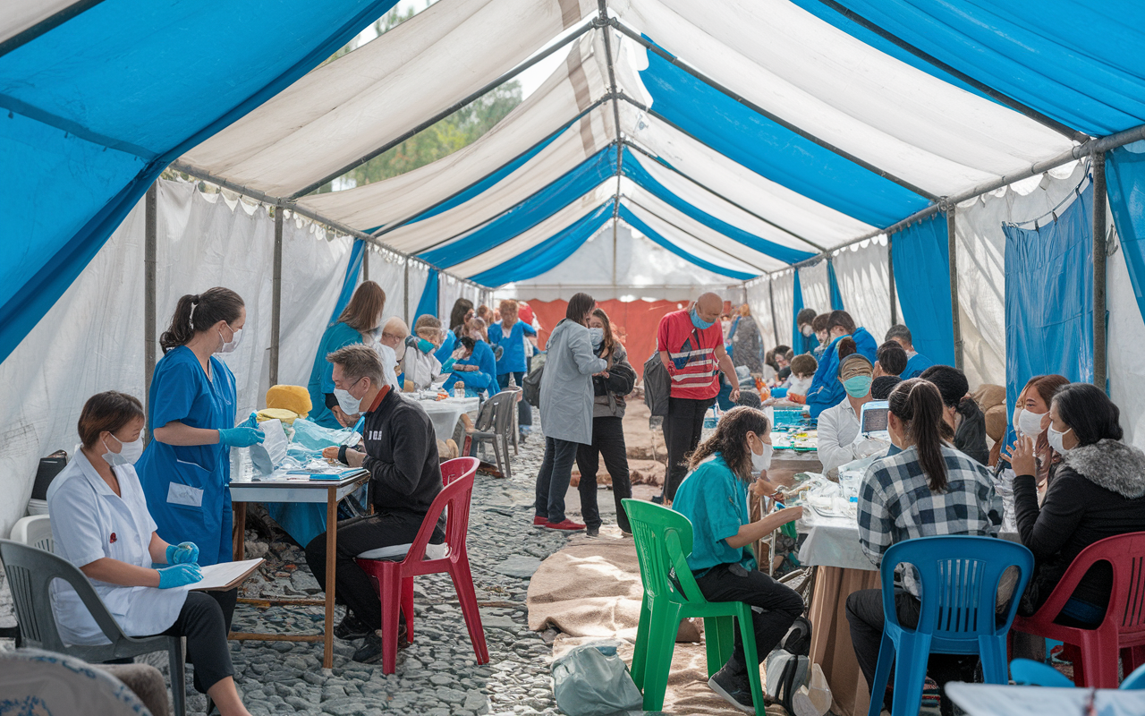 A community clinic in Nepal bustling with activity after an earthquake, where international medical volunteers work side by side with local healthcare providers. The scene displays medical tents, engaged patients receiving care, and teams discussing treatment plans. The environment is filled with determination and resilience, as volunteers and locals unite to restore health services in a setting marked by recovery and hope. Bright, natural light filters through the tents, symbolizing a brighter future.