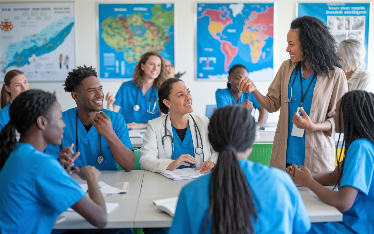 A vibrant classroom scene where medical volunteers participate in a cultural sensitivity training session. The setting features a diverse group of people engaging actively with a facilitator who is explaining local customs and healthcare beliefs. Posters and maps of the host country adorn the walls, creating an immersive atmosphere filled with enthusiasm and learning. The lighting is bright and inviting, reflecting a positive learning environment.