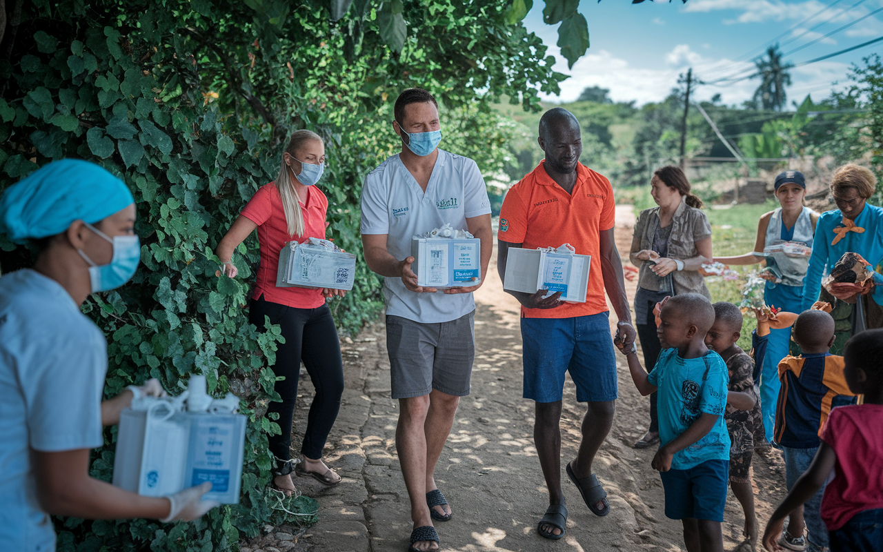 An outdoor scene showing medical volunteers distributing supplies in a rural community. The volunteers, a mix of locals and international team members, are seen handing out medical kits to eager residents, creating an air of hope and readiness. Lush greenery surrounds them, and children are playing nearby, emphasizing the interconnectedness of healthcare and community. The sky is clear, and there's a sense of collaboration and urgency.