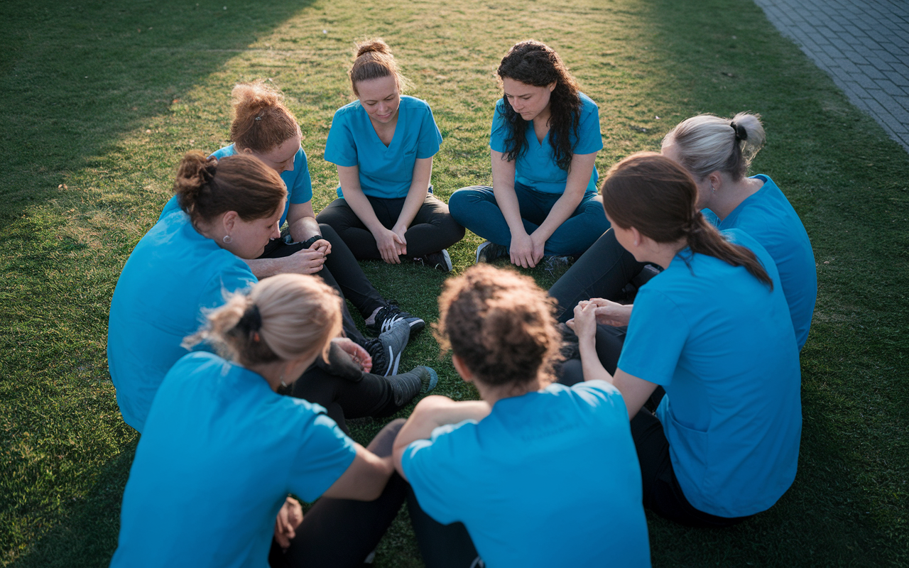 A candid moment reflecting emotional support among medical volunteers after a challenging day. The volunteers sit in a circle on a grassy area, sharing their experiences and comforting each other, revealing a deep bond forged through shared challenges. The setting sun casts a golden hue, highlighting their expressions of empathy and resilience. This scene encapsulates the importance of mental well-being and the strength found in community.