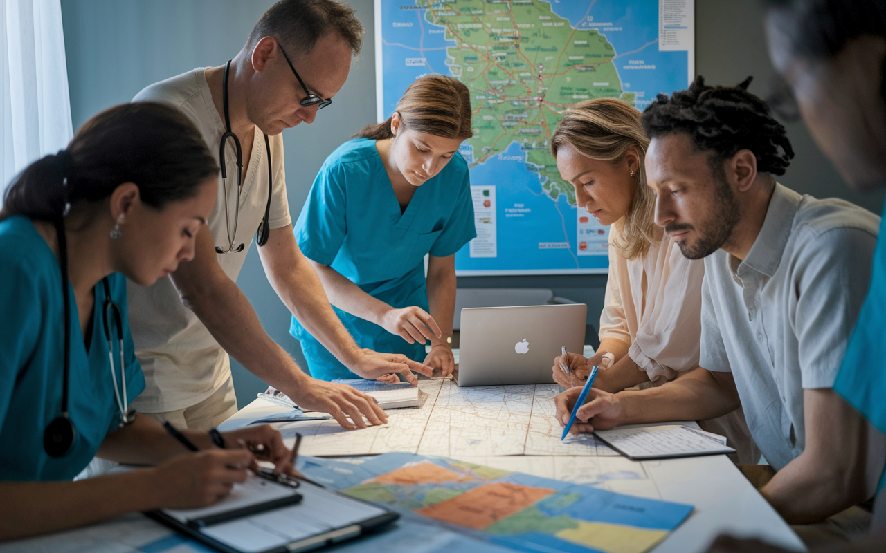 A focused group of medical volunteers gathered around a table, examining maps and health data of a local area during a planning session. The atmosphere is one of deliberation and strategizing, with laptops and notepads scattered around. A wall-mounted map highlights potential clinics and local organizations. Soft overhead lighting induces a productive mood as they prepare for their upcoming mission.