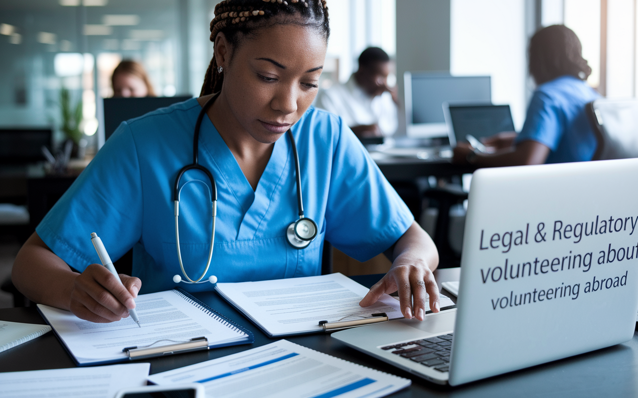 A healthcare professional working diligently in an office space, surrounded by documents and a laptop screen displaying legal and regulatory information about volunteering abroad. The individual appears focused, with a look of determination as they carefully review guidelines and prepare necessary documents for their upcoming medical mission. The atmosphere signifies the seriousness of preparation and compliance.