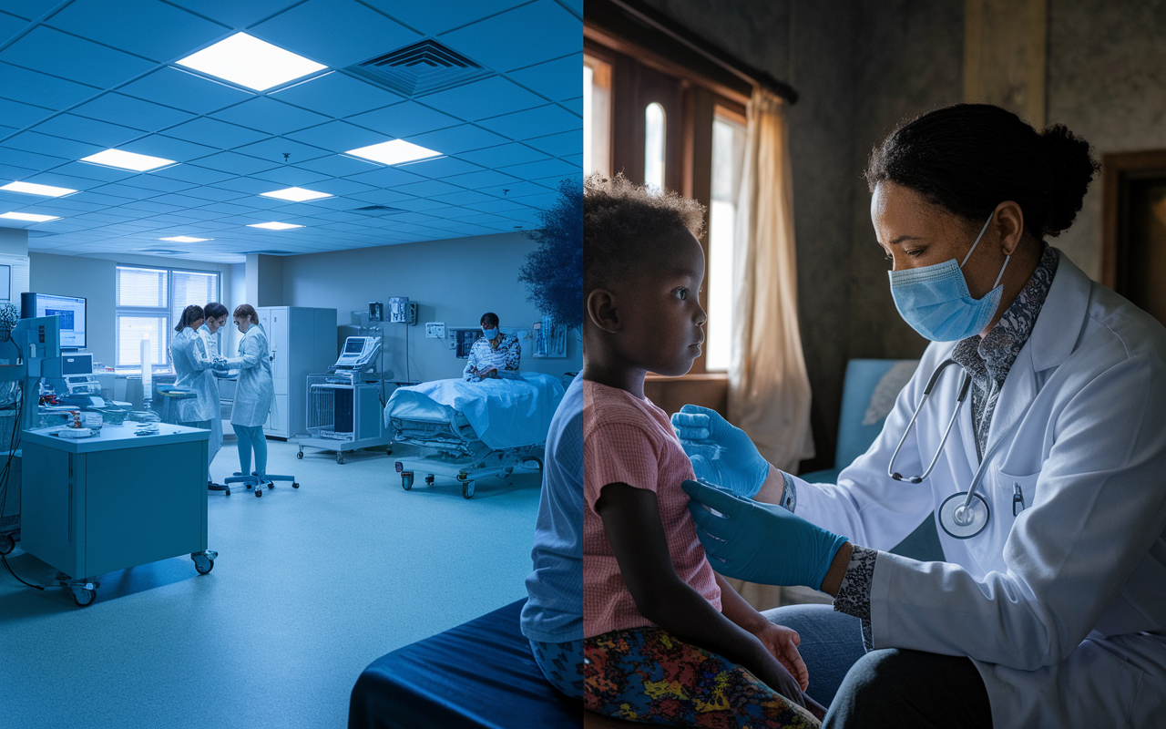 A powerful visual representation of global healthcare disparities, featuring a split scene: on one side, a well-equipped modern hospital with advanced technology and healthcare professionals; on the other side, a rural community with a small clinic, lacking resources, where a doctor examines a child. Dim lighting in the clinic contrasts with the bright, sterile light of the hospital, symbolizing inequality. Emotional expressions of concern and hope can be seen on the faces of the patients and providers.