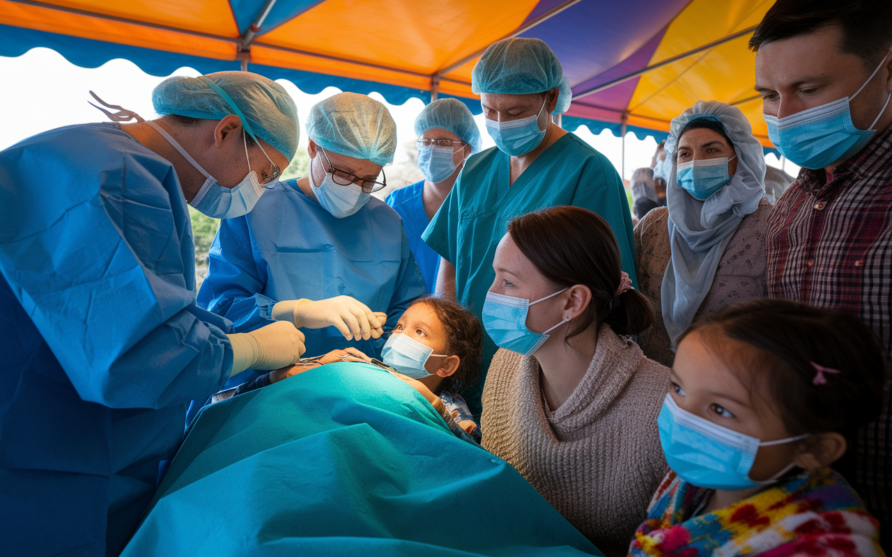 An emotional scene capturing a group of medical volunteers from Operation Smile as they perform cleft palate surgeries on children in a brightly colored surgical tent in a rural setting. Surgeons are focused on their work, while appreciative parents watch, their expressions filled with hope and gratitude. The atmosphere is one of compassion and dedication, with soft, warm lighting illuminating the children's faces as they wear surgical masks and colorful blankets.