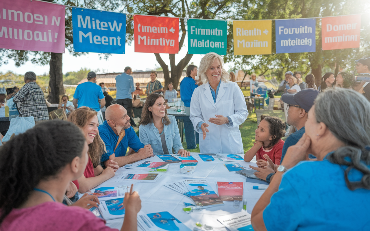 A vibrant community event held outdoors, with colorful banners announcing a new medical mission initiative. Local families gather around tables with health information brochures and activities for children. Healthcare volunteers engage with community members, creating a friendly and welcoming environment. The setting is lively, with smiles, laughter, and the sun shining down, signifying hope and collaboration.