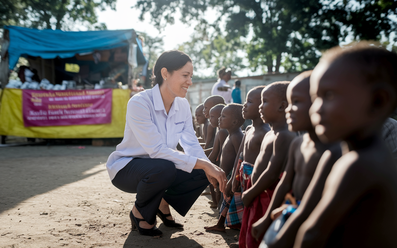 A warm candid moment captured of Dr. Sarah kneeling beside a group of malnourished children during a health fair, her expressions showing compassion and determination. The scene is set outdoors, with a makeshift health booth in the background, bright colorful banners of health initiatives fluttering in the breeze. The children's innocent smiles contrast with their fragile forms, emphasizing the urgency of their needs. Sunlight filters through the trees, creating an uplifting yet poignant atmosphere.