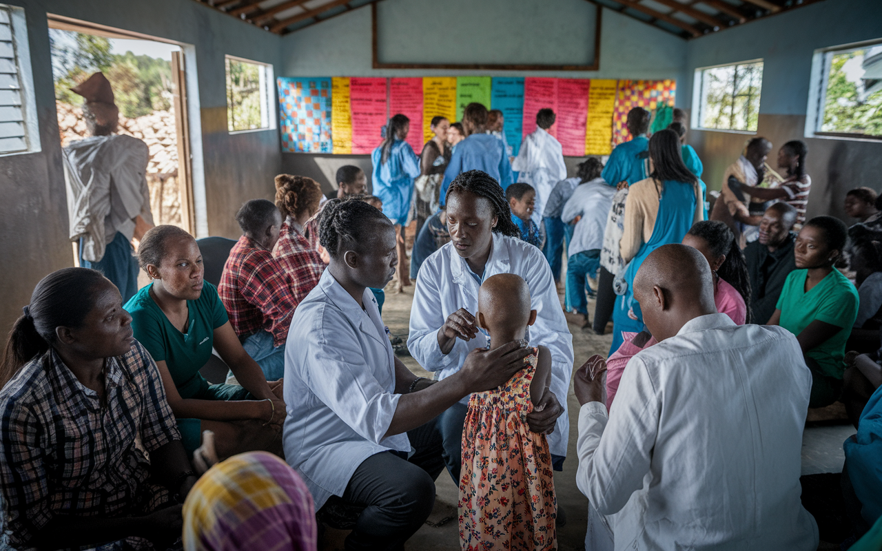 A bustling temporary clinic setup in a remote village, with healthcare professionals and local volunteers providing care. In the foreground, a doctor examines a child with a respiratory issue, surrounded by parents waiting anxiously. Colorful handmade posters about health and hygiene adorn the walls of the community center. Natural light pours in through open windows, creating a lively yet urgent atmosphere, filled with compassionate interactions and hope.