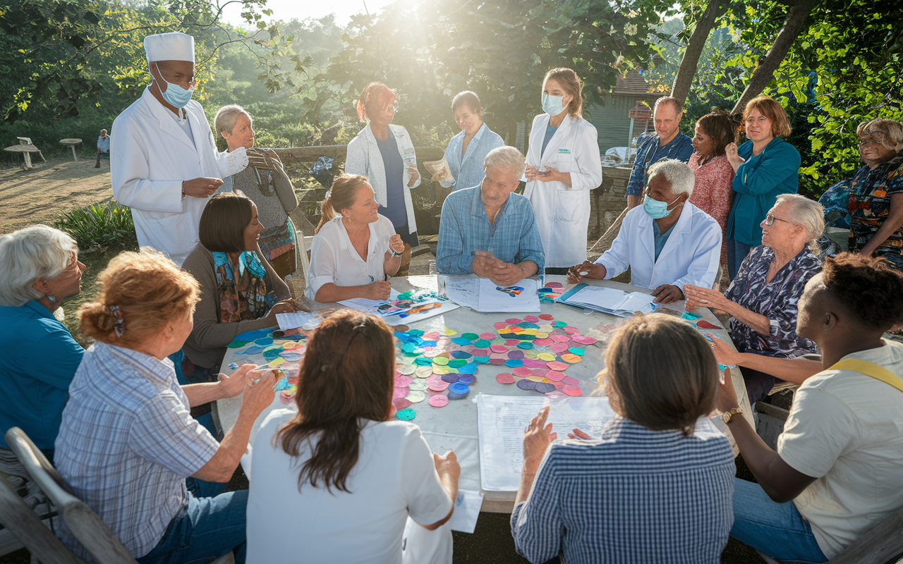 A vibrant health education workshop held outdoors in a village, where local healthcare providers are passionately engaging a diverse group of villagers. The scene showcases interactive discussions, colorful visual aids, and locals participating eagerly. Bright sunlight illuminates the gathering, creating an atmosphere of enthusiasm and hope. The backdrop reveals lush greenery, symbolizing the connection with nature and health.