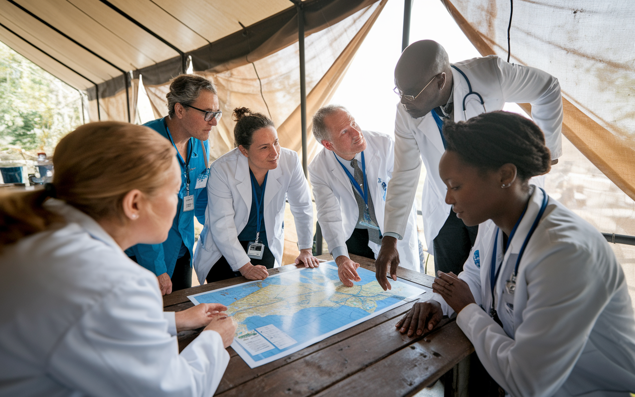 An inspiring scene of a group of dedicated doctors collaborating on a medical mission, gathered around a map and medical supplies in a temporary clinic. They discuss strategies while interacting warmly. The environment is filled with natural light filtering through canvas tents, creating an atmosphere of unity and purpose. The camaraderie seen among the healthcare providers, combined with their focused expressions, captures the essence of service and teamwork.