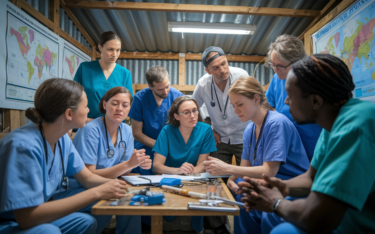 A diverse group of healthcare professionals from various backgrounds gathered in a small, makeshift clinic, closely collaborating on patient care strategies, looking focused and determined. The setting is a rustic room with maps and medical charts on the walls, with tools and supplies on a central table. Strong expressions of determination and unity as they brainstorm solutions amidst challenging conditions reflect the essence of teamwork and support.