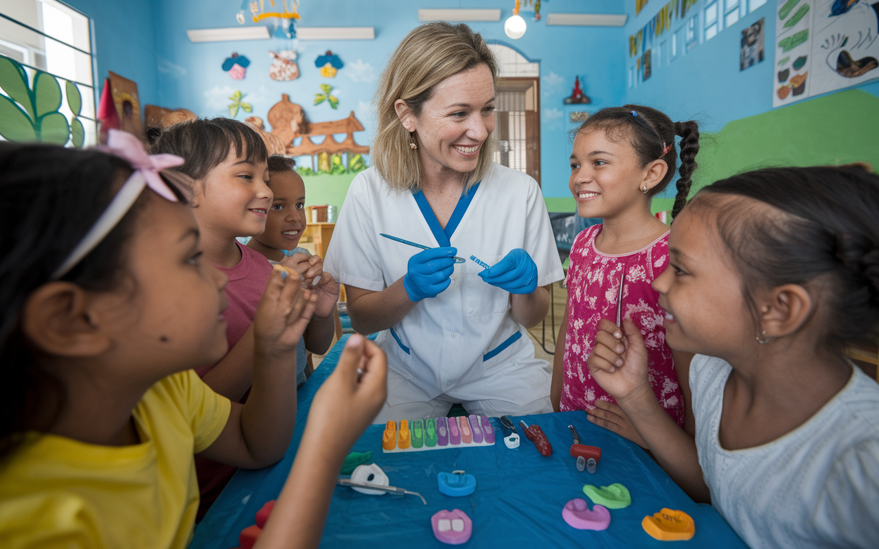 A dedicated volunteer dentist interacting with a group of children in a community center in Nicaragua, demonstrating proper dental hygiene using colorful props. The room is filled with cheerful visuals, reflecting a sense of advocacy and education. The children, with eager expressions, are engaged, illustrating the dentist's passion and the transformative impact of professional advocacy in health care.