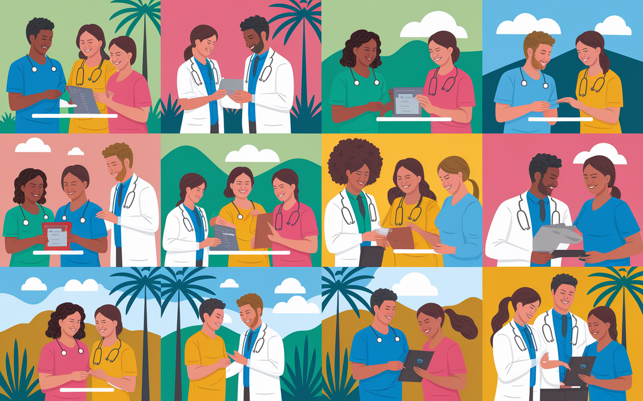 A group of healthcare professionals from different fields working together in a vibrant outdoor clinic setting, engaged in various activities such as consultations, check-ups, and health education. The diverse scenes depict joyful interactions with patients, showcasing empathy and dedication, surrounded by a backdrop of mountains and palm trees, under a bright blue sky, illustrating hope and community healing.