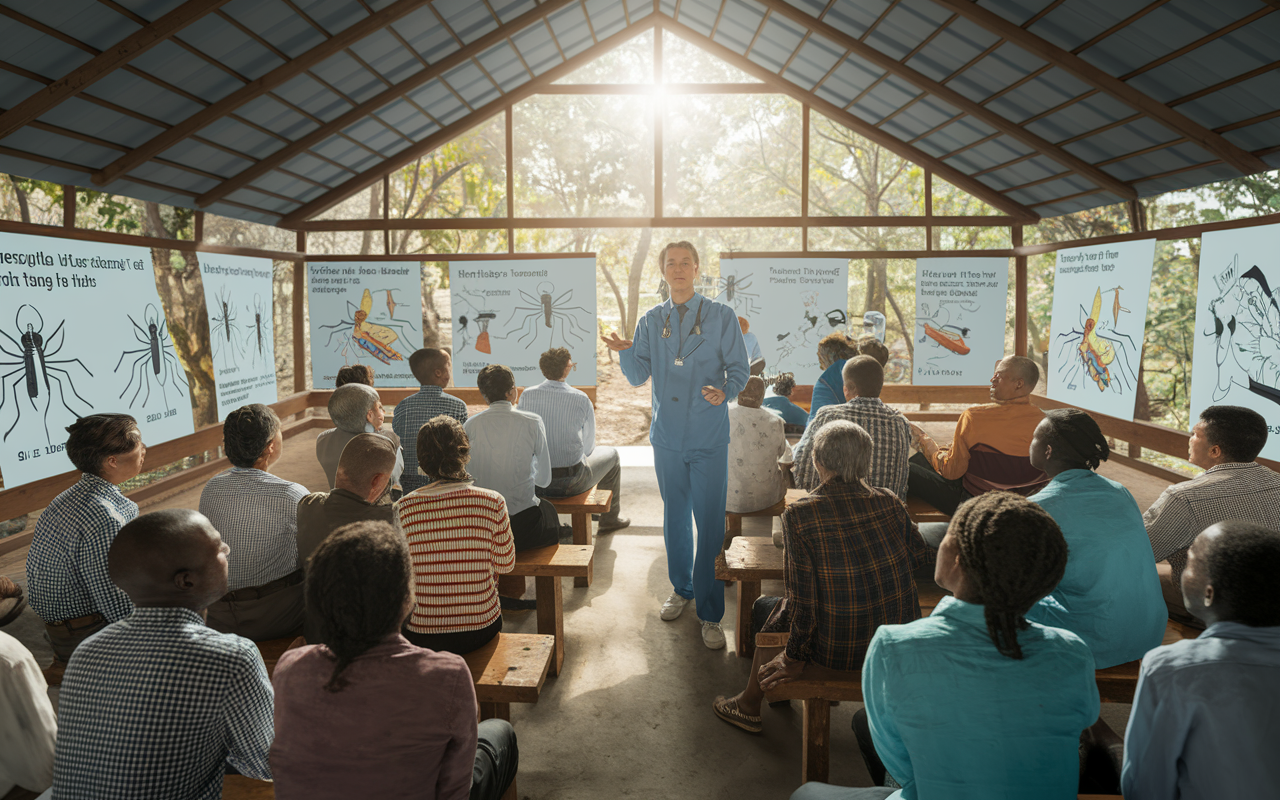 A dynamic scene inside a community hall where a healthcare worker is conducting an interactive workshop on malaria prevention. The audience consists of engaged local villagers, sitting on wooden benches, listening attentively as charts and illustrations of mosquito life cycles fill the space. Sunshine streams in through open windows, creating a hopeful and informative atmosphere. Posters about prevention methods and treatment options are visible on the walls, with a respectful exchange of questions and knowledge between the educator and the community.