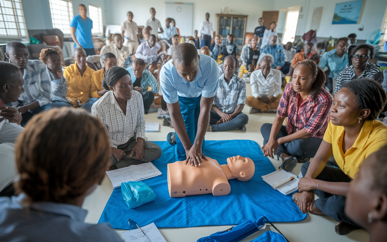 A bustling community center room filled with local villagers, eagerly participating in a first aid training session. A trainer exhibits CPR techniques on a realistic mannequin, while attentive participants practice alongside, with looks of determination and focus. The setting is bright and well-organized, with medical supplies and instructional materials neatly arranged. Lively interactions and questions fill the air, showcasing a commitment to learning and improving community health skills.