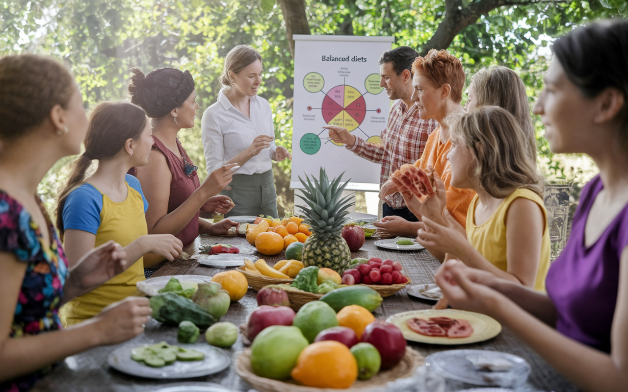 A lively outdoor setting where a nutrition workshop is taking place in Central America, with a diverse group of participants engaging in discussions around healthy eating. A facilitator stands next to a colorful display of local fruits and vegetables, pointing to a chart of balanced diets. The participants, including women, men, and children, are animatedly discussing and tasting the food. The bright sunlight enhances the vibrant colors, creating an atmosphere of joy and eagerness to learn about better nutrition.