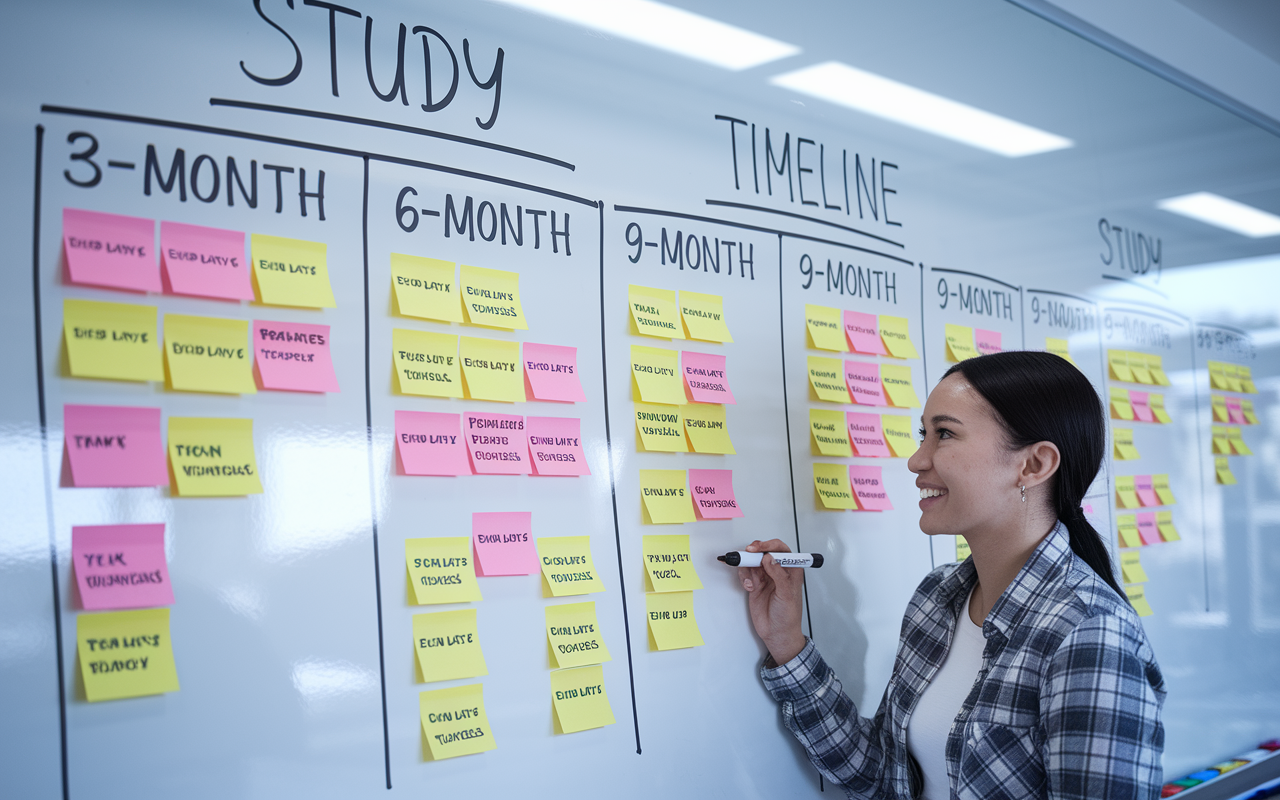 A visual representation of a study timeline on a whiteboard, with clearly defined sections for 3-month, 6-month, and 9-month schedules. The whiteboard is filled with color-coded sticky notes detailing study goals, topics, and practice exams. In the foreground, a student, looking motivated and engaged, reviews the plan while holding a marker. Light reflects off the glossy surface of the board, adding a sense of clarity and organization to the planning process.