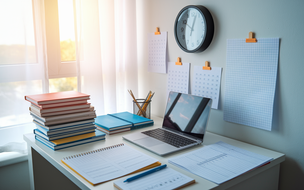 A crisp and organized study desk featuring an assortment of MCAT study materials, including neatly stacked prep books, printed practice questions, and a laptop displaying an online course. A well-structured study plan is pinned to the wall beside the desk, and a wall clock displays the time, indicating early morning. Bright, natural light fills the room through a window, symbolizing a fresh start for productive study sessions.