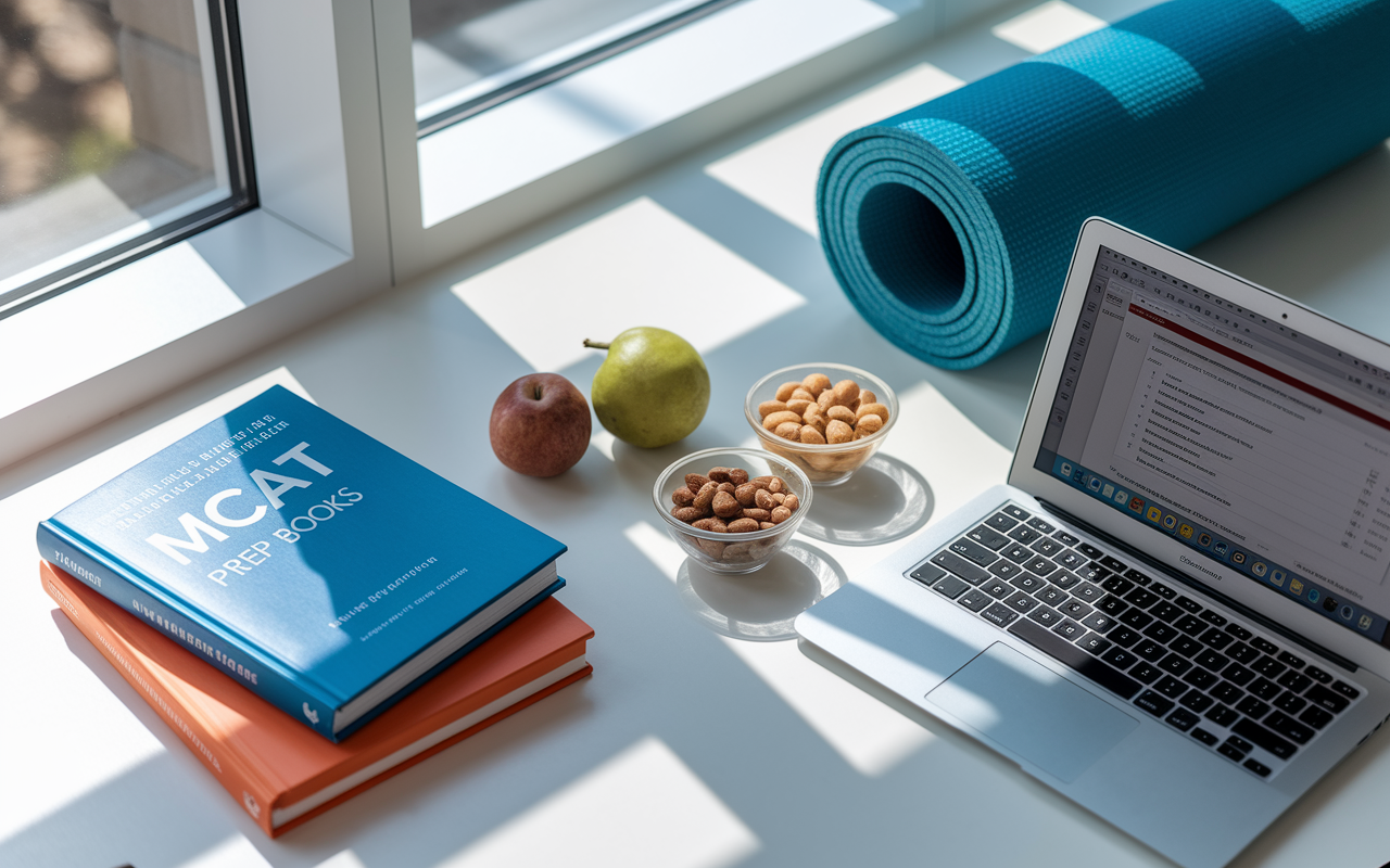 A serene study space demonstrating a balance between study materials and wellness activities. The image shows a desk with MCAT prep books, a laptop open with study materials, and next to it, a yoga mat and healthy snacks like fruits and nuts positioned to promote wellness. Sunlight streams in through a window, creating a calm and inviting atmosphere that encourages productivity and self-care.