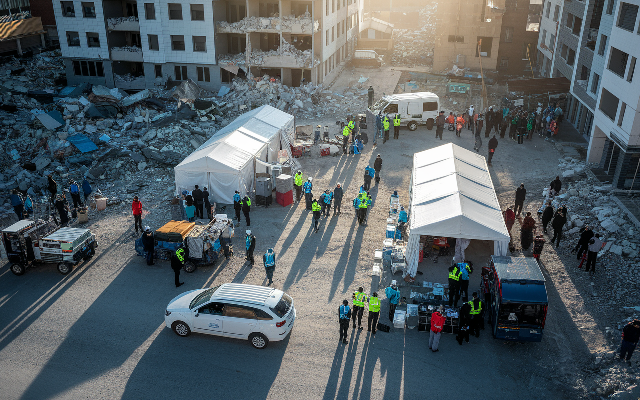 A dynamic scene showing the logistical efforts of a medical mission in a disaster zone. Aerial view of a makeshift field hospital with tents setup, medical staff busy setting up equipment while others unload supplies from vehicles. In the background, damaged buildings and displaced people seeking care. Bright sunlight casts long shadows highlighting the urgency and teamwork involved in the operation. The contrasting colors of emergency gear and supplies against the gray rubble convey resilience and hope.