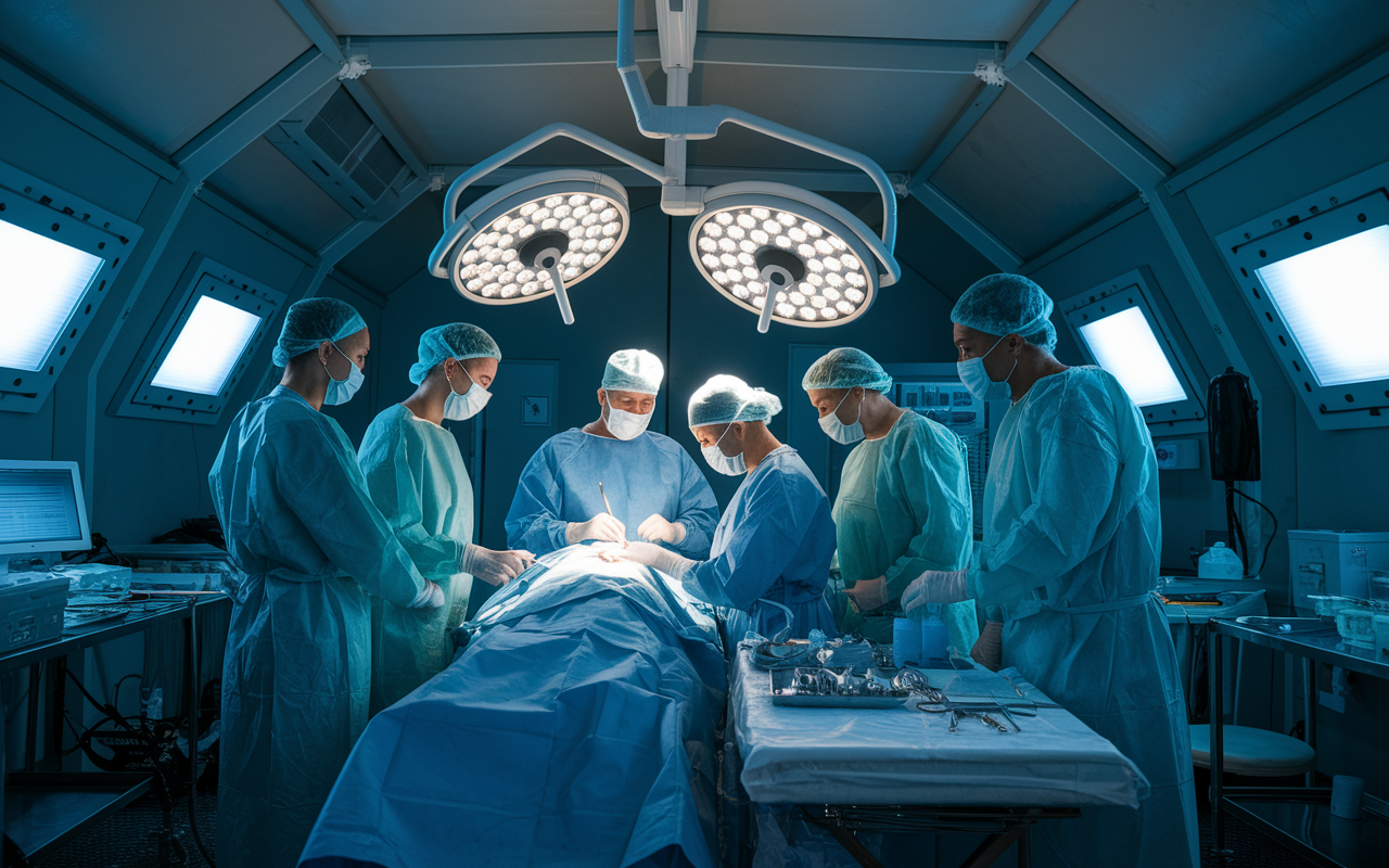 Inside a temporary field hospital, a tense yet determined scene unfolds as a surgeon operates on a patient under bright overhead lights. Surrounding medical staff assist with various tasks, displaying focus and professionalism amidst the emergency. The room is filled with essential equipment, and the atmosphere showcases the urgency and competence of healthcare workers in action. Soft shadows and clinical lighting enhance the seriousness yet heroism of the moment.