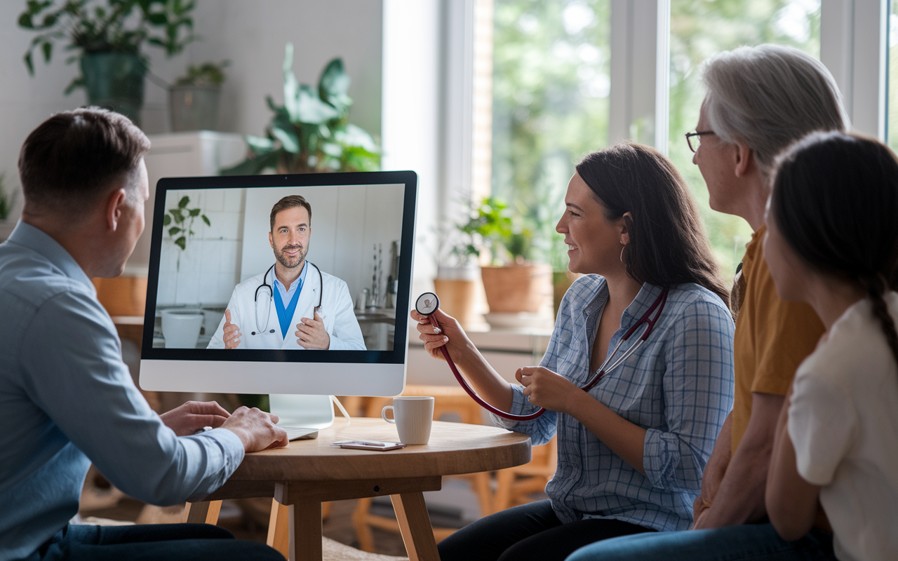 An image illustrating a remote consultation where a patient in a modest home is speaking to a cardiologist on a computer screen. The cardiologist, in a modern clinic environment, appears professional and attentive. The patient holds a stethoscope while surrounded by family members, creating a sense of community and support. The scene is brightly lit with natural daylight, enhancing the hopeful atmosphere of telehealth.