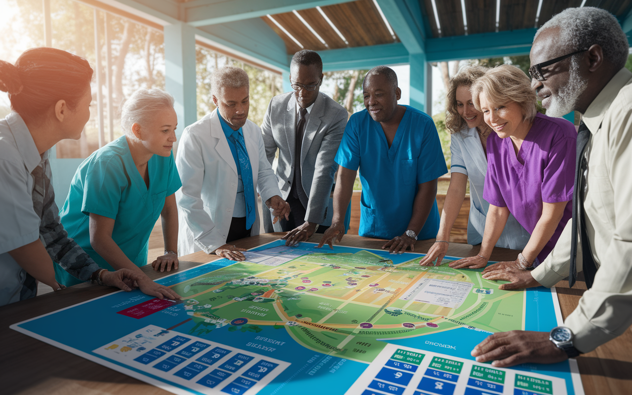 A collaborative scene showing a diverse group of healthcare volunteers, local government officials, and community leaders discussing plans over a large map in a sunlit community center. Visuals of healthcare supplies, water purification systems, and vaccination charts are visible. The atmosphere is filled with optimism, aided by bright, lively colors, emphasizing teamwork aimed at achieving SDGs.