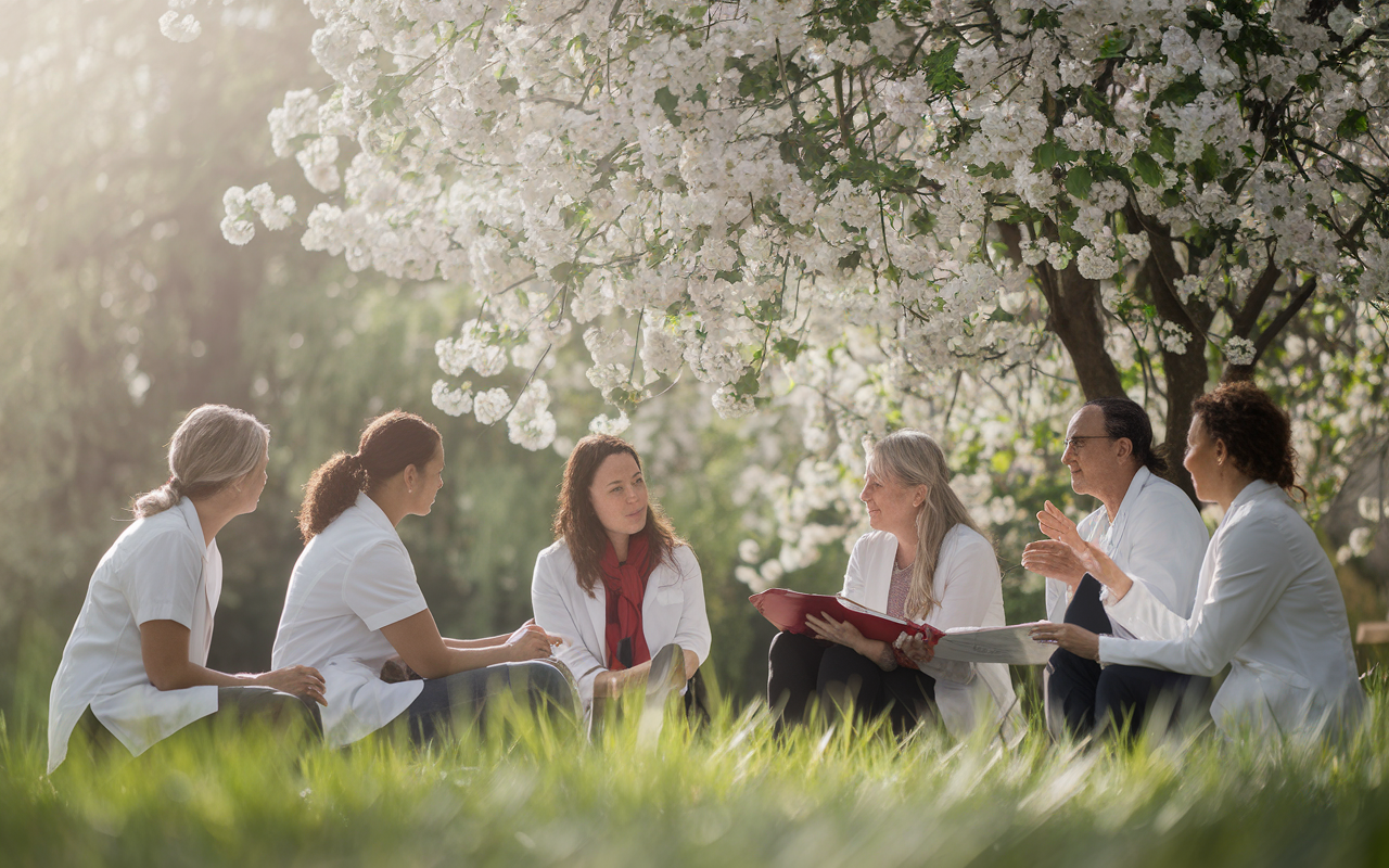 A heartwarming scene displaying healthcare professionals providing holistic mental health support to community members in a serene outdoor setting. Volunteers are seen engaging with individuals through counseling, art therapy, and group discussions under a flowering tree. The atmosphere radiates warmth and compassion, highlighted by soft, dappled sunlight filtering through the leaves.