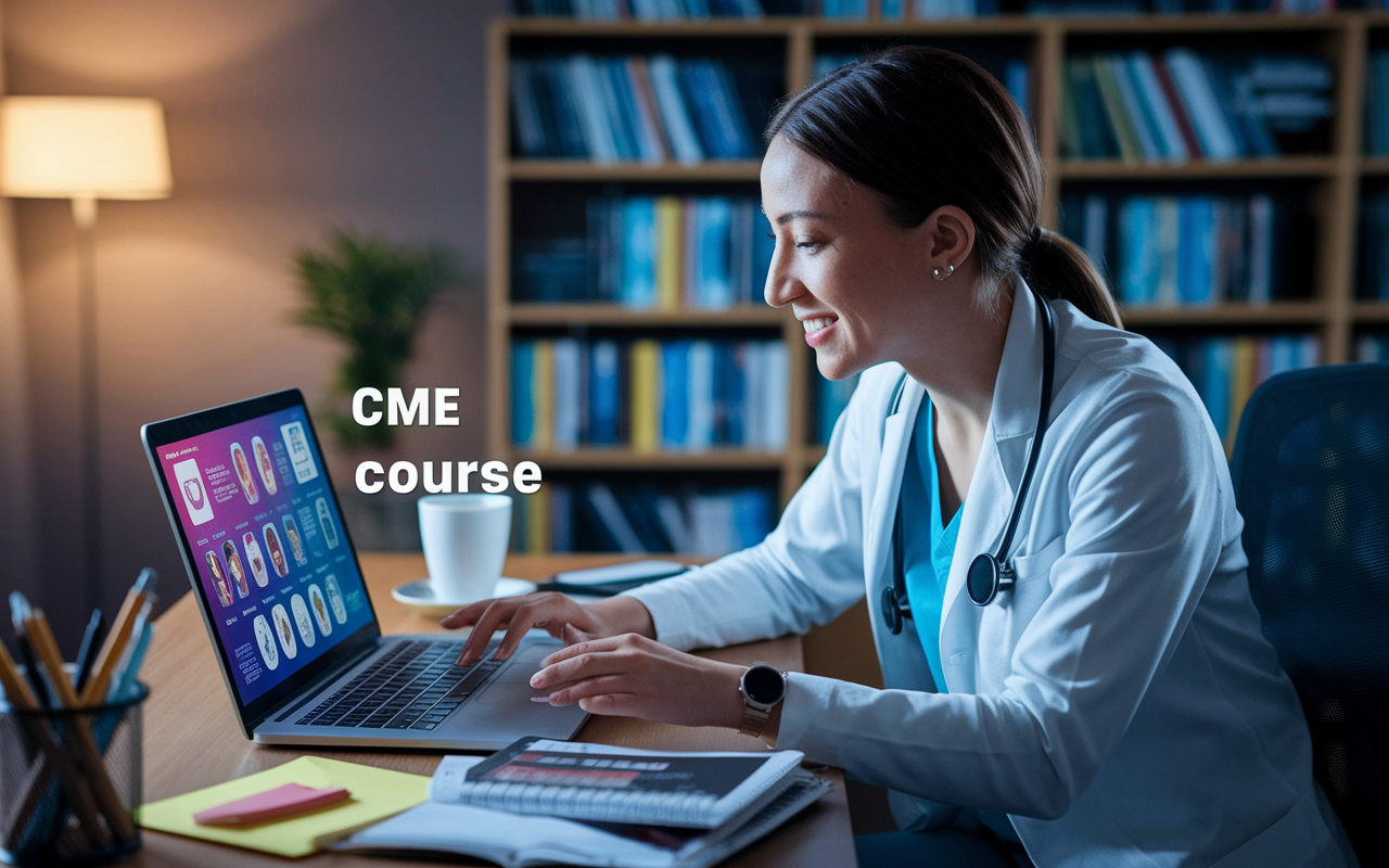 A healthcare professional, a female physician, sitting at her home office desk, attentively engaging with a laptop during an online CME course. The room is warmly lit with bookshelves filled with medical texts in the background. On the screen, vibrant visuals and educational materials can be seen. A cup of coffee rests beside her, and notes are scattered on the desk, indicating her dedication to learning. The atmosphere conveys focus and intellectual growth, capturing the essence of modern distance learning.