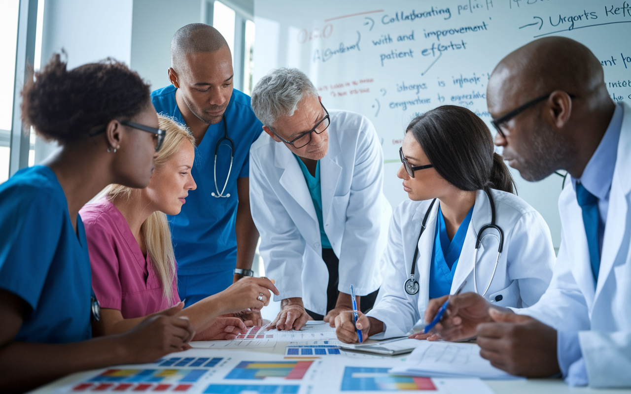 A group of healthcare professionals, including diverse male and female physicians, gathered around a table, actively discussing a quality improvement project in a hospital environment. They are reviewing documents and engaging with colorful charts showing patient outcomes. The lighting is bright and clinical, creating a sense of urgency and collaboration. Whiteboard notes with ideas and improvements illustrate their commitment to enhancing patient care through collaborative efforts.