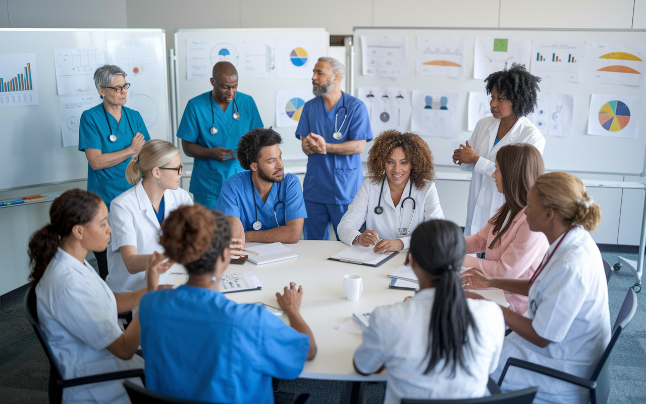 A group of healthcare practitioners, representing various specialties, engaging in a collaborative learning session. The environment is set up with whiteboards filled with charts and diagrams, creating a workshop-like atmosphere. Participants are exchanging ideas and discussing case studies in a modern conference room, showcasing a commitment to interprofessional education. Soft yet bright lighting enhances the focus on teamwork and learning, with people of diverse backgrounds and ages actively involved.