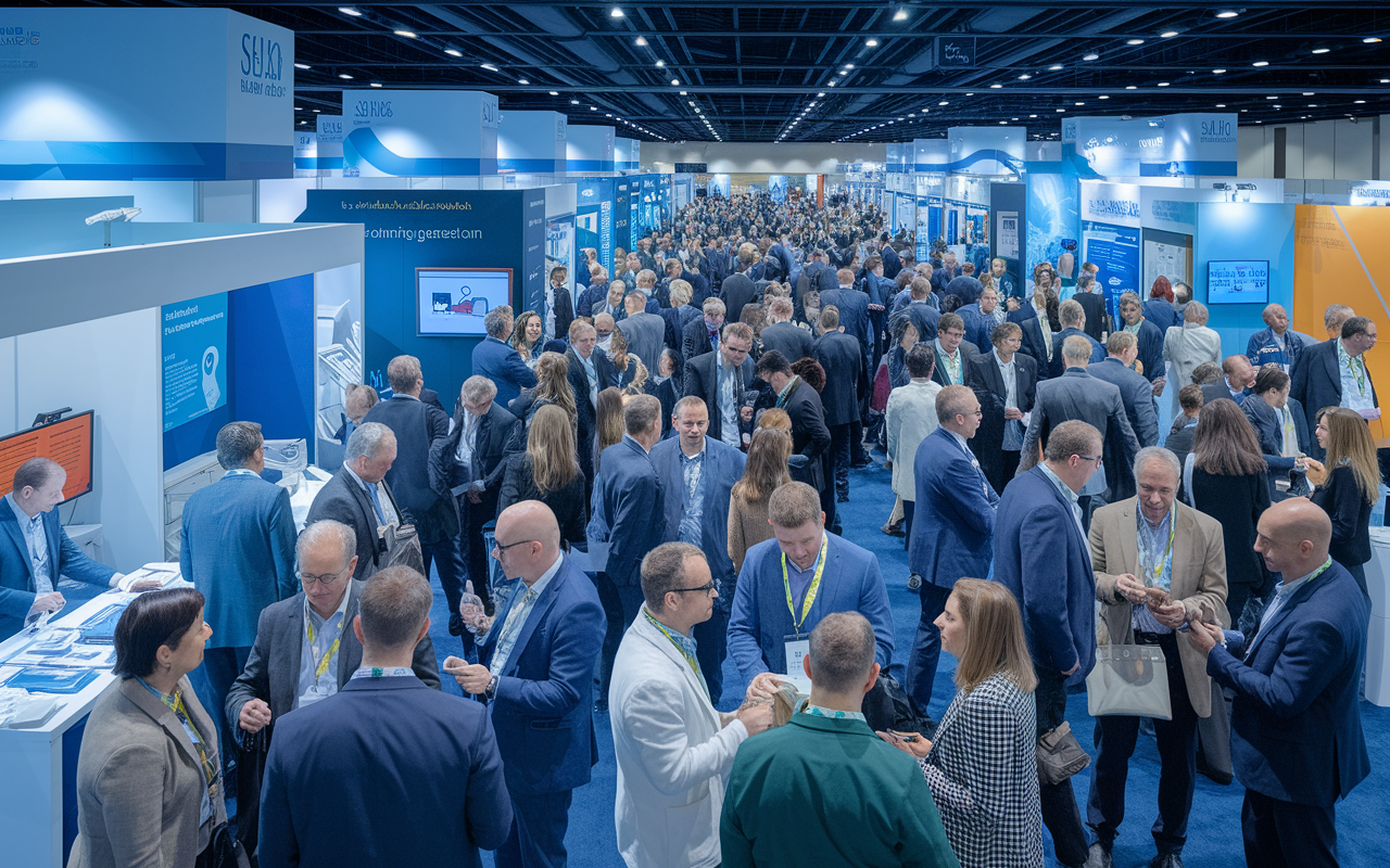 A bustling medical conference scene where healthcare professionals are networking, sharing ideas, and exchanging contact information. Booths showcasing various medical technologies and educational resources surround them, creating an atmosphere of innovation and collaboration. The lighting is bright and engaging, encouraging interactions among diverse attendees enthusiastic about continuing education and professional growth.