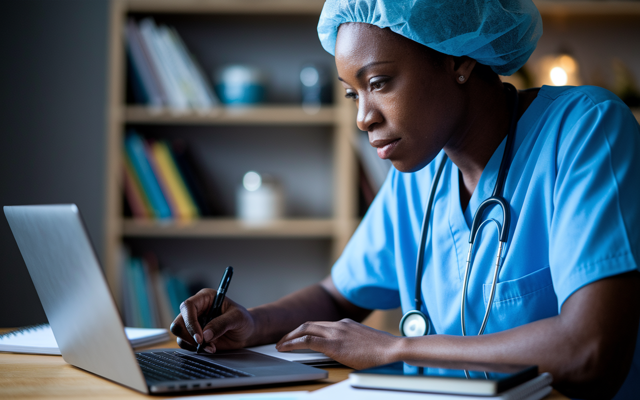 A focused healthcare provider, deeply engaged in a learning environment, interacts with an online CME course on a laptop. Their expression reflects determination and curiosity as they take notes. The background suggests a home office setup, with medical books and resources on shelves, showcasing the integration of technology in modern education. The lighting is warm and intimate, creating a personal atmosphere for continuous learning.