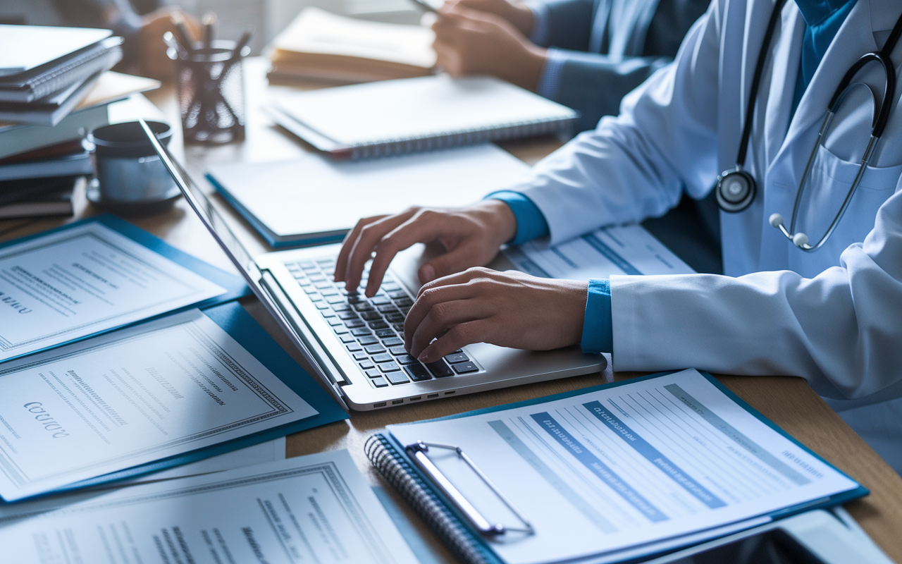 Close-up of a healthcare professional's desk cluttered with papers, documentation, and a laptop. The professional is seen typing on the laptop with a focused expression, surrounded by certificates of completion and a planner showcasing goals. The environment reflects a mix of busy office and clinical settings, with soft ambient lighting illuminating the workspace, capturing the essence of multitasking and commitment to professional development.