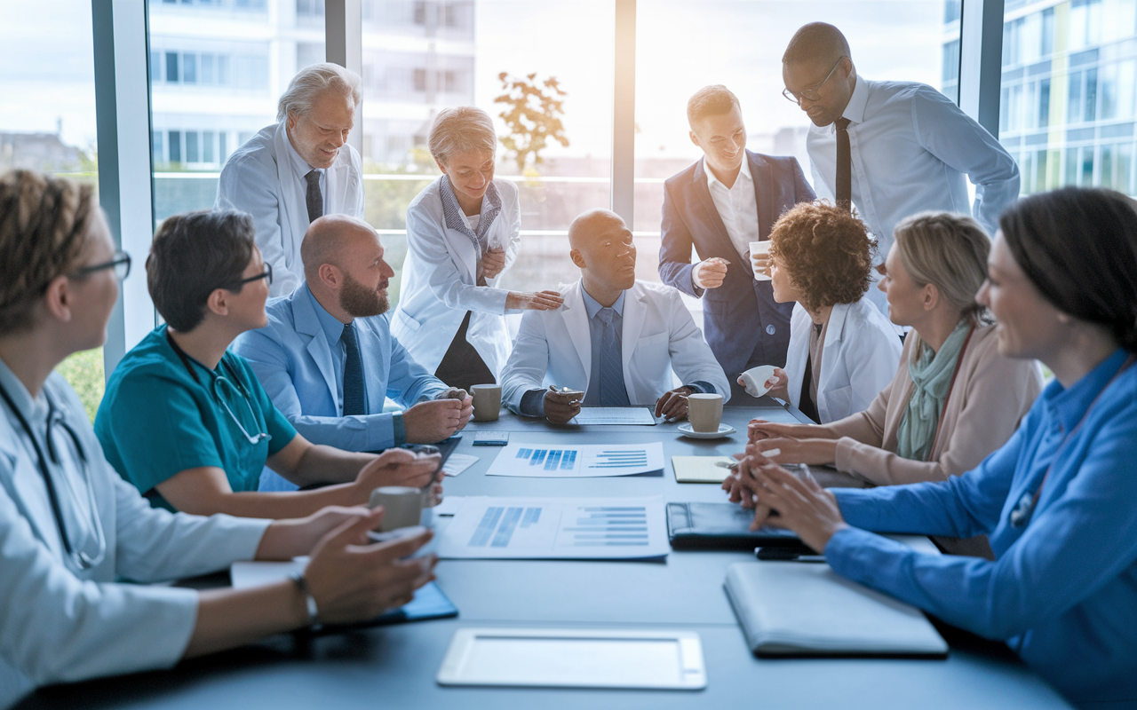 A diverse group of healthcare professionals gathered around a conference table in a bright, modern meeting room, attentively discussing a CME topic. Charts and graphs are displayed on a screen, and colleagues share ideas while sipping coffee. The atmosphere is collegial and encouraging, filled with active engagement and collaboration. Natural light filters through large windows, enhancing the feel of positivity and teamwork.