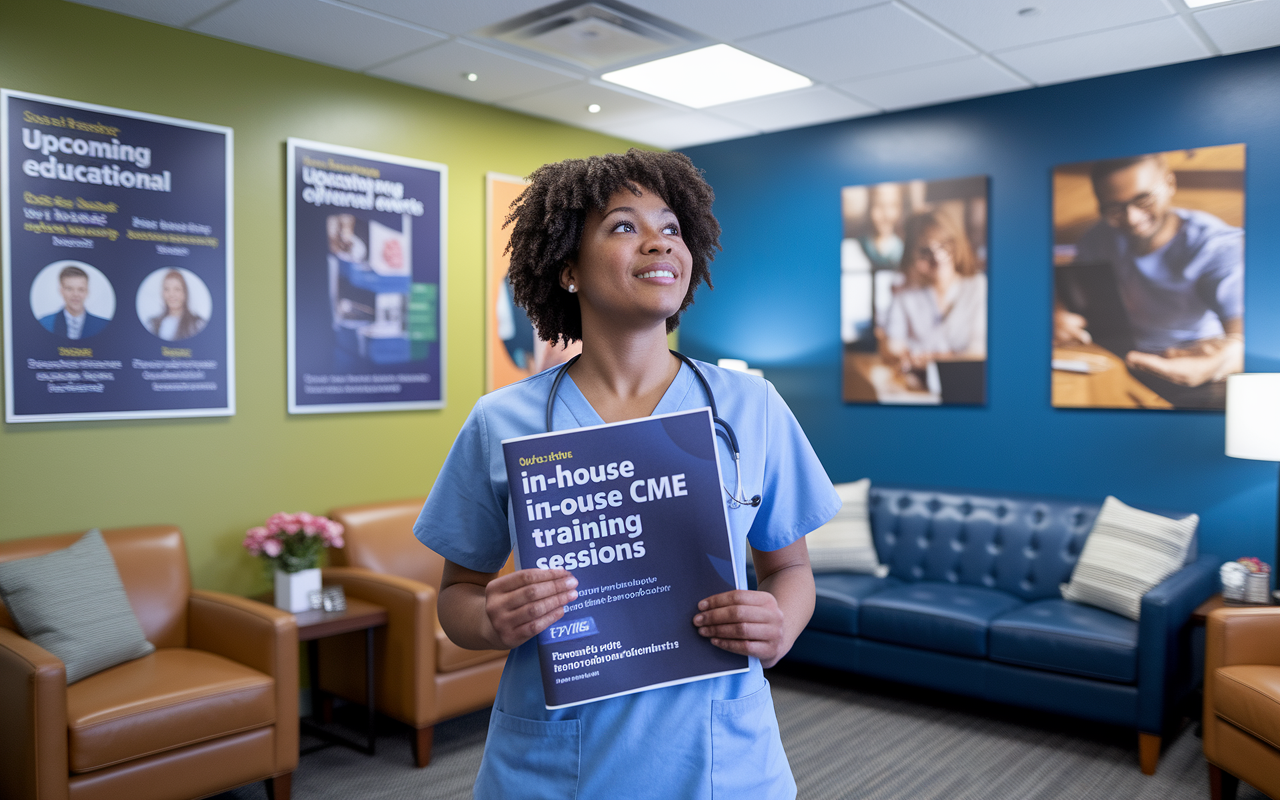 A healthcare professional in an HR office holding a brochure for in-house CME training sessions. The decor is warm and inviting, with posters showcasing upcoming educational events. The professional looks intrigued and engaged, contemplating the available resources for career development, surrounded by comfortable office furnishings and motivational images on the walls.