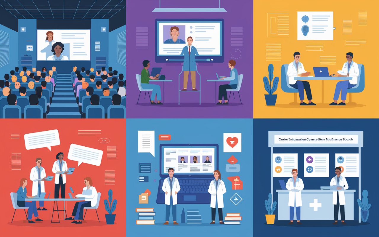 An engaging illustration of various Continuing Medical Education (CME) activities. The scene is divided into sections representing different learning formats: a vibrant lecture hall with a speaker addressing an audience, a group of physicians participating in an online course via laptops in a cozy café setting, and professionals actively discussing case studies at a medical conference booth. Each section conveys a sense of learning, collaboration, and dedication to patient care, with colorful educational materials visible in the background. The overall atmosphere is bright and inspiring, emphasizing the importance of continuous professional development.