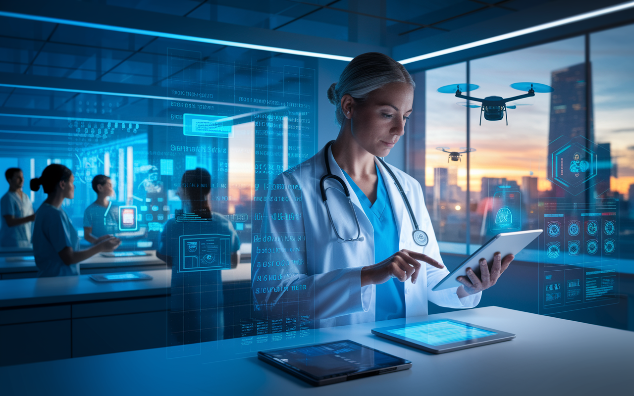 A futuristic scene showcasing a physician using advanced telemedicine technology, analyzing patient data on a digital tablet. The office is sleek and modern, illuminated by soft, ambient lighting. Through a large window, a cityscape with flying drones and digital advertisements reflects the technological growth in healthcare. The physician, wearing a white coat, appears focused and confident, illustrating the integration of technology in medical practice. In the background, patients are seen engaging with interactive health applications, depicting the revolutionizing of patient care through modern innovations.