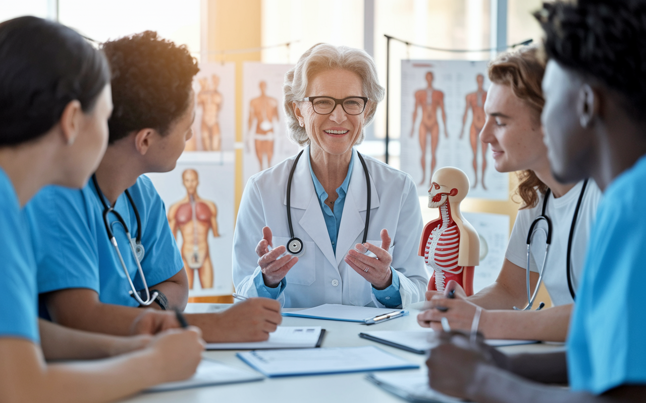 A heartwarming scene in a hospital setting where a senior physician is mentoring young medical students. The mentor, a middle-aged woman with glasses, is enthusiastically explaining complex medical concepts with a display of anatomical models and charts around them. The students, a diverse group of young adults, listen intently, taking notes and asking questions. Soft natural light illuminates the room, creating an inviting atmosphere. The mentorship moment captures the essence of teaching, learning, and inspiring the next generation in the field of healthcare.